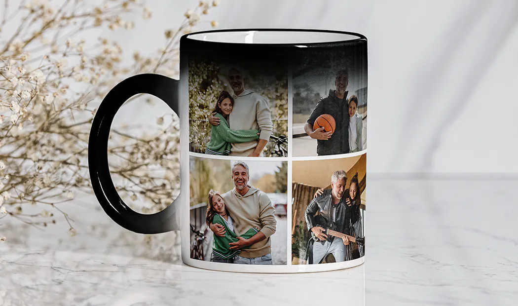 Mum and daughter holding custom designed photo mugs with family photos