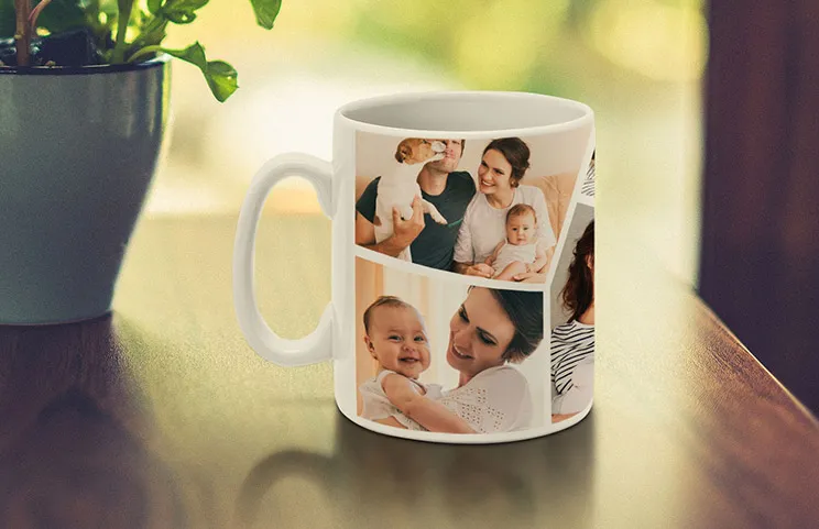 Custom designed mug with collage of photos of couple and their baby from Printerpix