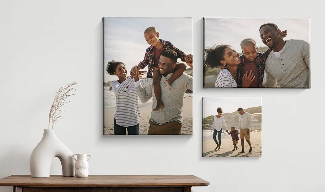 Personalised Photo Canvas Prints by Printerpix|Collage canvas print of two delighted female friends|canvas print sizes|mother affectionately kissing her little son on canvas print|gallery wall of canvas prints|Canvas print of a couple enjoying their holiday|||||