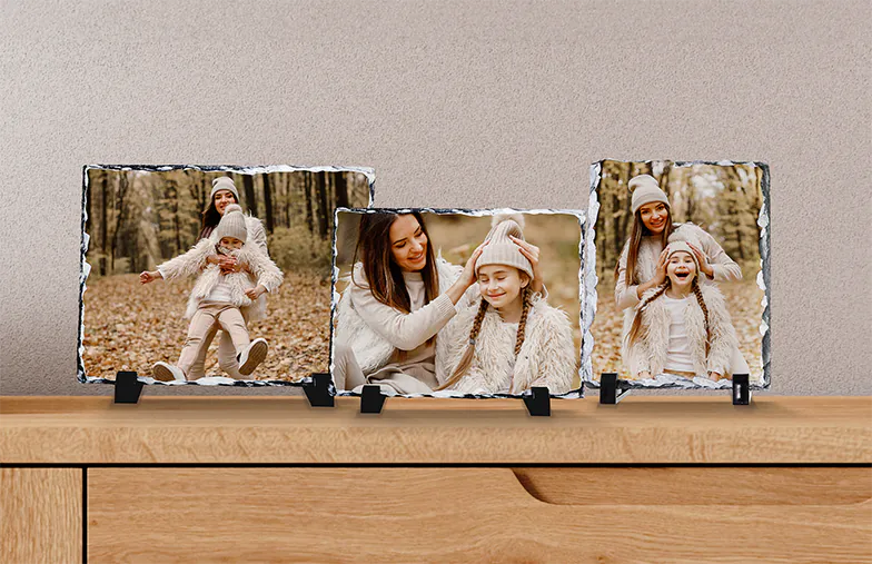 Stone Photo Slate|Stone slate with family photo|side view of stone slate with baby and mum and dad|two young people printed on a stone|Personalised gift Stone with printed image||||||