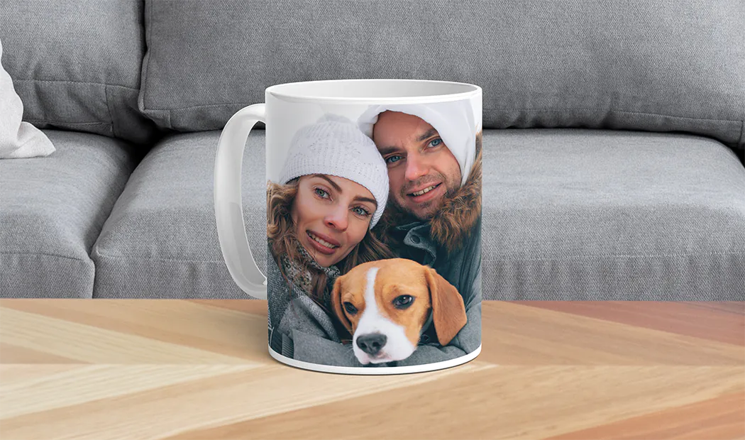 Mum and baby holding Printerpix cartoon design custom mug with dad text