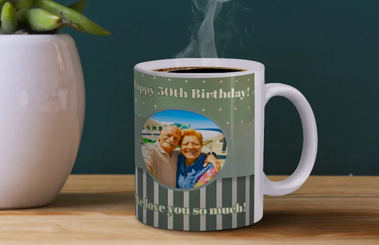 50th birthday mug in use