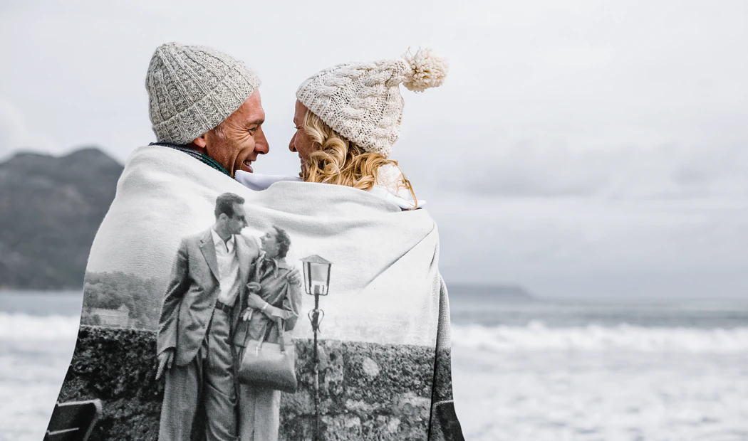 Mink Touch Photo Blanket by Printerpix|Photo Blankets|Large photo blanket on double bed with picture of girl photo|Photo blanket image with size comparison|Photo blanket black and white collage image||||||