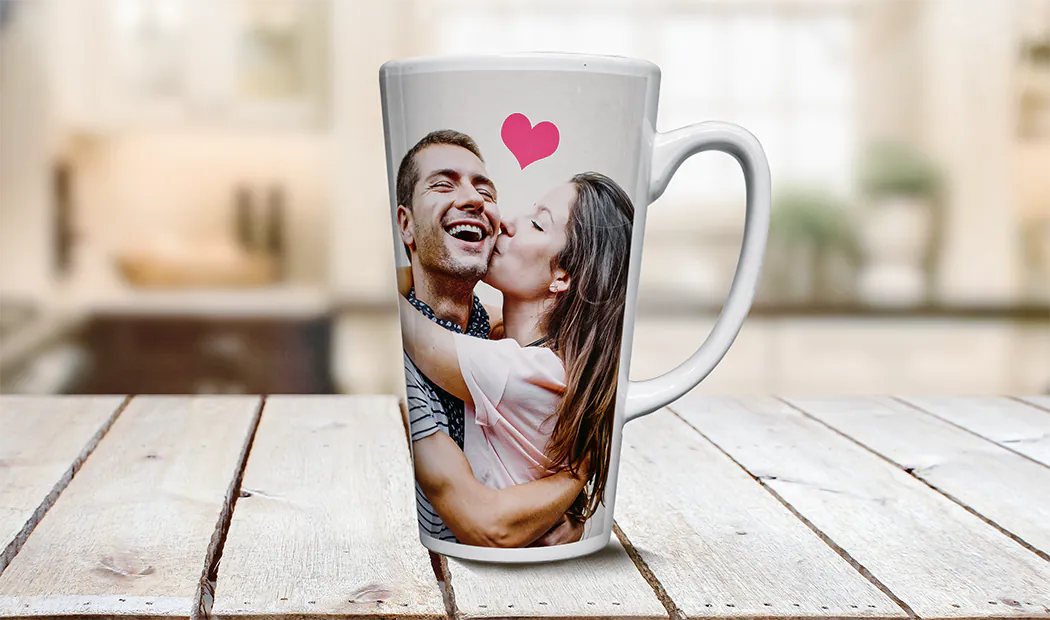 Custom Latte Mugs by Printerpix|Printerpix Personalised large latte mug with love heart and photo of couple kissing|Two large white latte mugs custom designed with couple and dog photos|Two custom made latte mugs with own photos on of couple and text with quote|Young couple holding personalised latte mugs with text and images on|Coffee mug with photo of young couple printed on it|||||