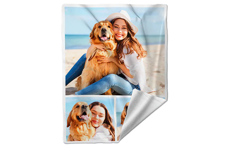 Mink Touch Photo Blanket by Printerpix|Printerpix photo blanket with photos of family|Large photo blanket on double bed with picture of girl photo|Photo blanket image with size comparison|Photo blanket black and white collage image||||||