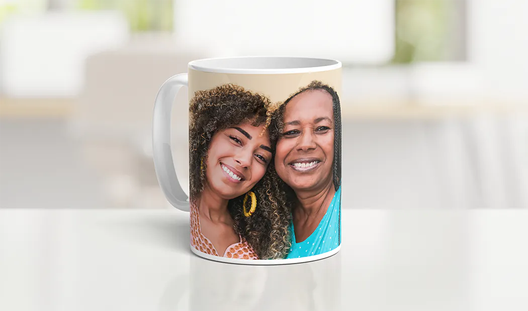 Mum and baby holding Printerpix cartoon design custom mug with dad text