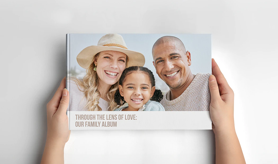 Personalised photo album book with romantic pictures of a couple and photo cover