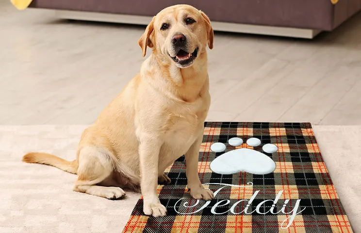 Labrador dog on custom dog name blanket with paw print design
