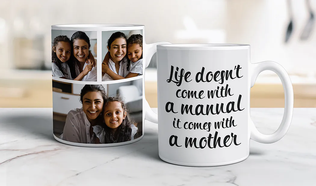 Personalised photo mug with picture of baby crawling wearing animal overall