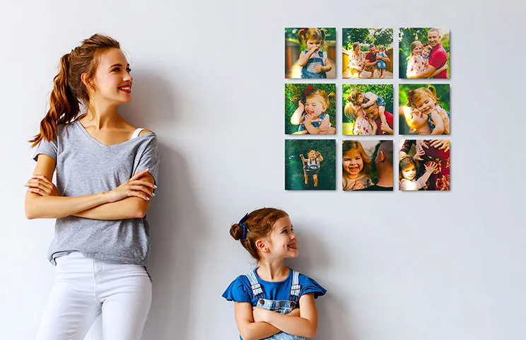 nine metal photo display panel prints with family photos on