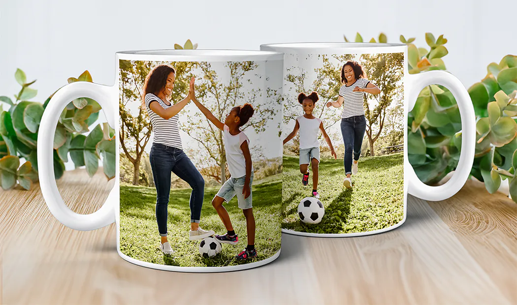Personalised photo mug with picture of baby crawling wearing animal overall