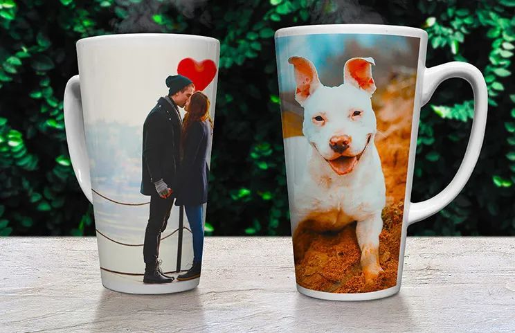 Two large white latte mugs custom designed with couple and dog photos