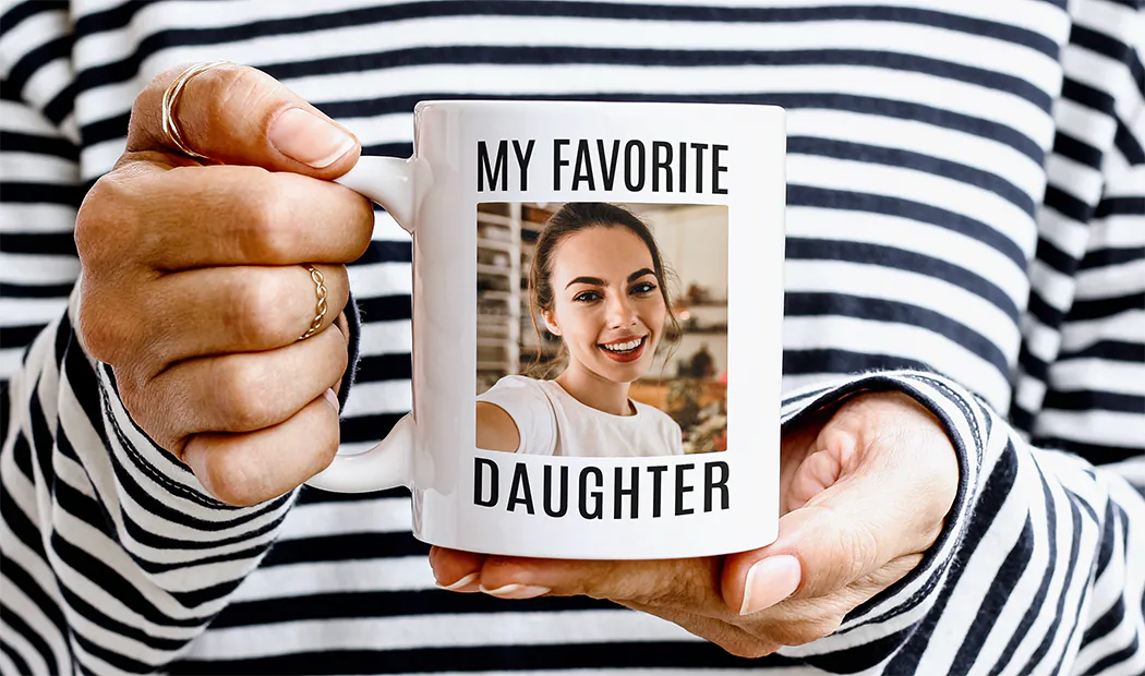 Personalised photo mug with picture of baby crawling wearing animal overall