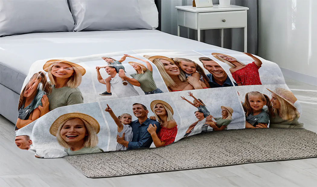 Large photo blanket on double bed with picture of girl photo