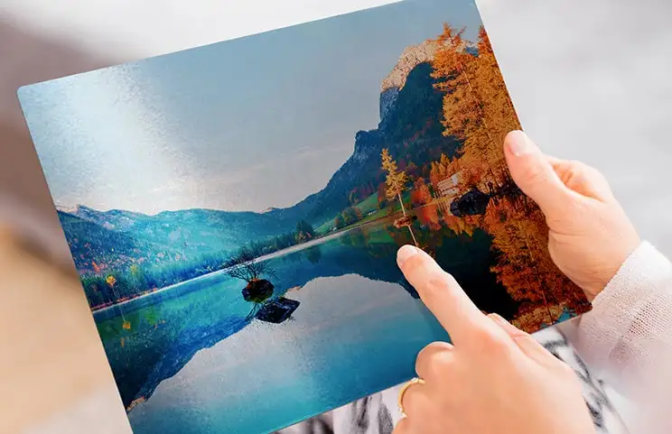 finger pointing at metal print of nature