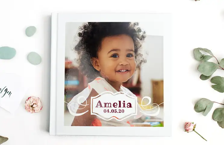 Family photo album with custom printed cover and family name text