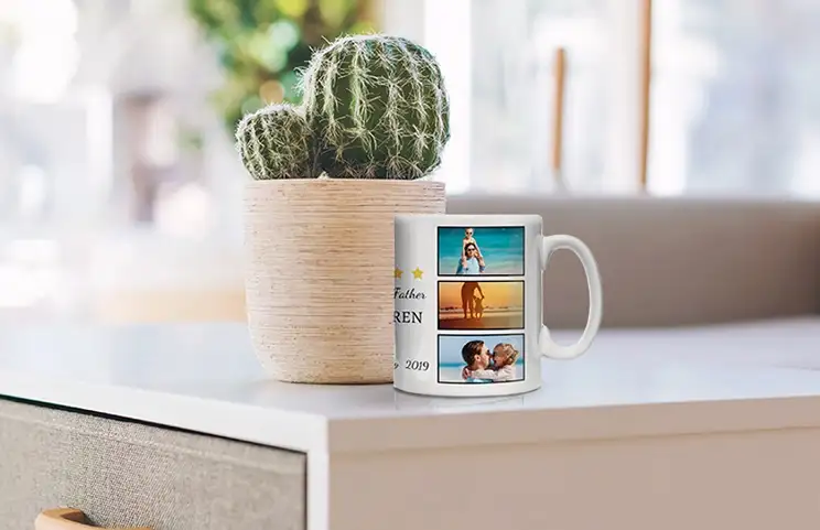 Mom and baby holding Printerpix cartoon design custom mug with dad text