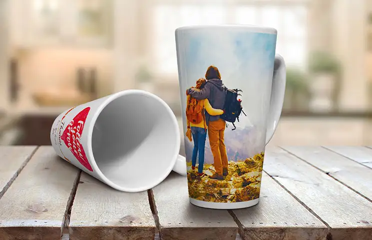 Two custom made latte mugs with own photos on of couple and text with quote