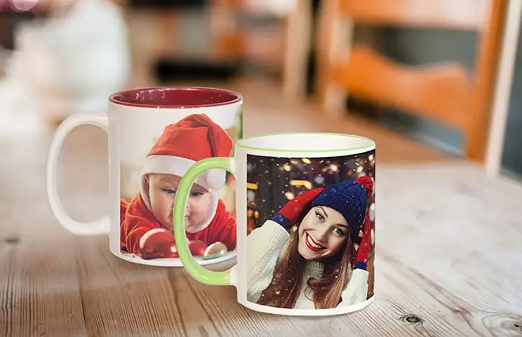 Two custom coloured personalised coffee mugs with family photo collage
