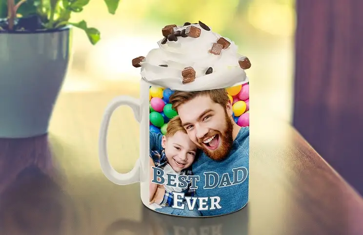 Personalized photo mug with picture of baby crawling wearing animal overall