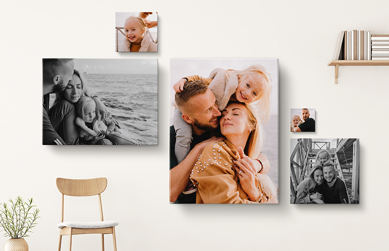 Photo collage of eight custom canvas prints of family photos and holiday scenes