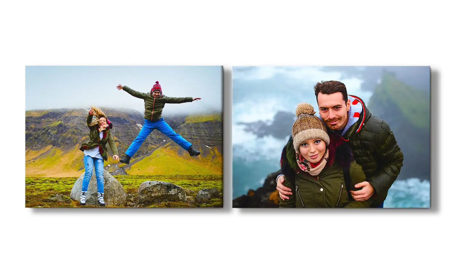 A man has his arm over the shoulder of a woman as they sit in the bath facing a red wall with 3 canvas prints on